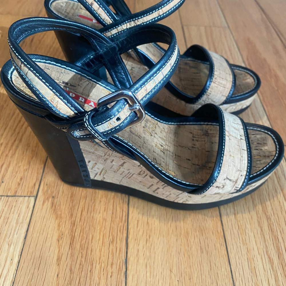 Prada Black and Natural Cork Wedge Sandals - Picture 10 of 16